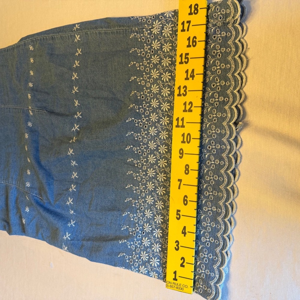 Vintage Express Denim Embroidered Dress Womens 9/10 Blue Sleeveless Y2K Cottage - Picture 12 of 13